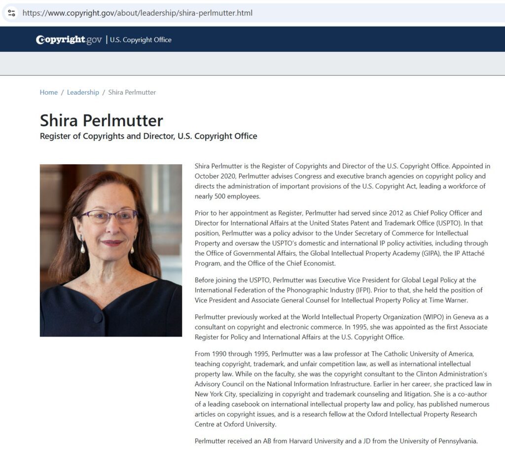 Shira Perlmutter's title and biography remain on the Copyright Office website
