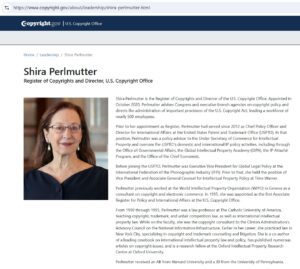 Shira Perlmutter's title and biography remain on the Copyright Office website